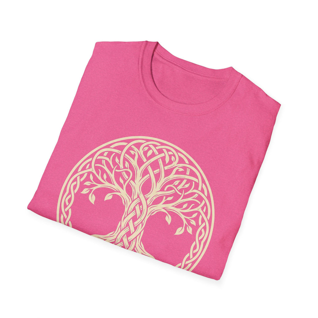 Celtic Tree of Life T-shirt with gold knotwork tree circular graphic, bright pink