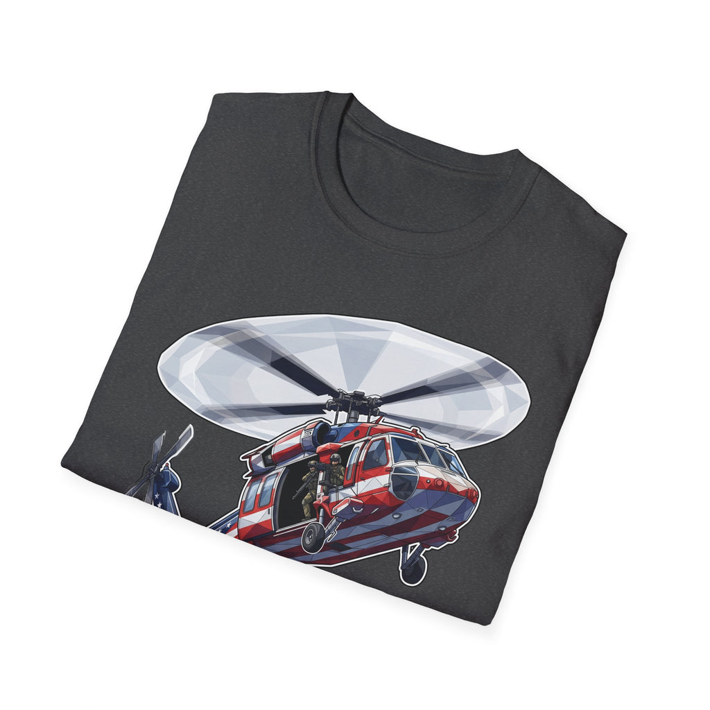 Dark gray T-shirt with rescue helicopter graphic and American flag details