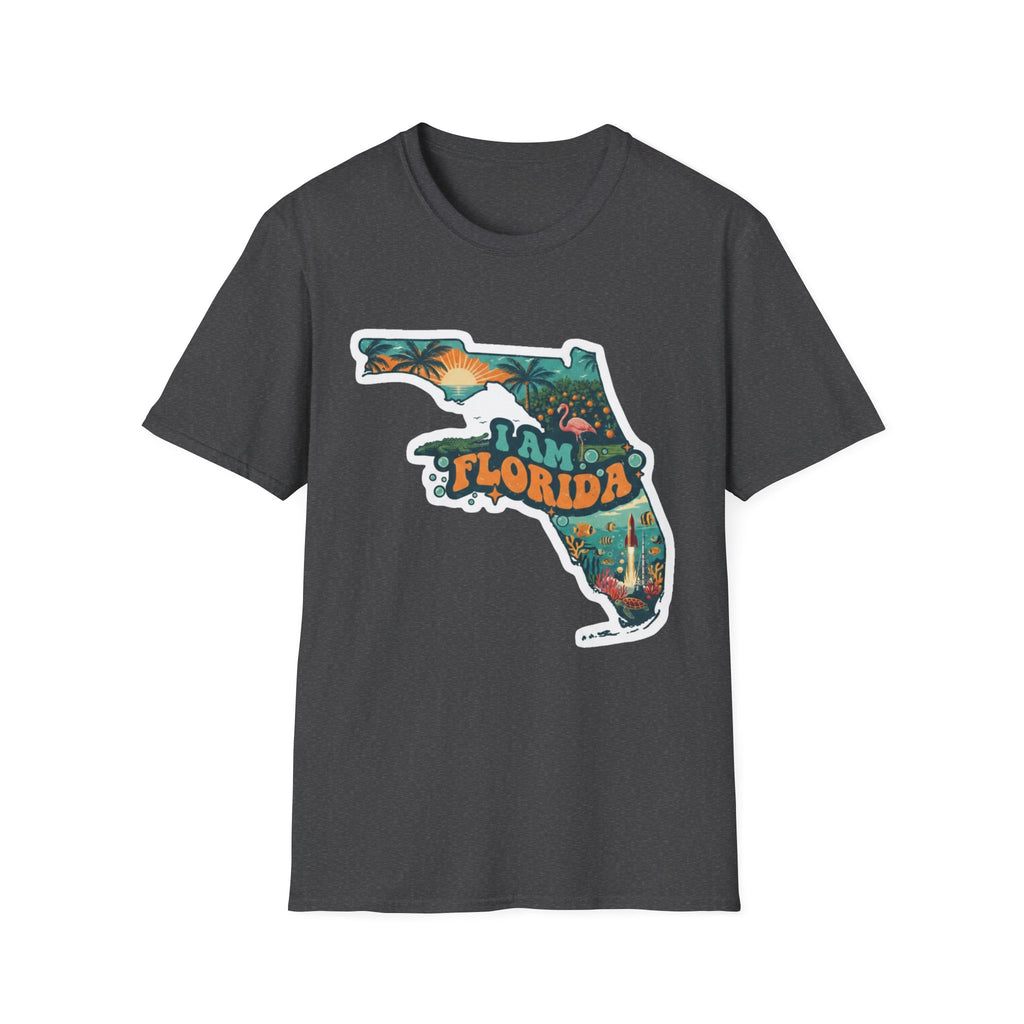 Dark grey T-shirt with “Florida” tropical sunset map graphic on the front