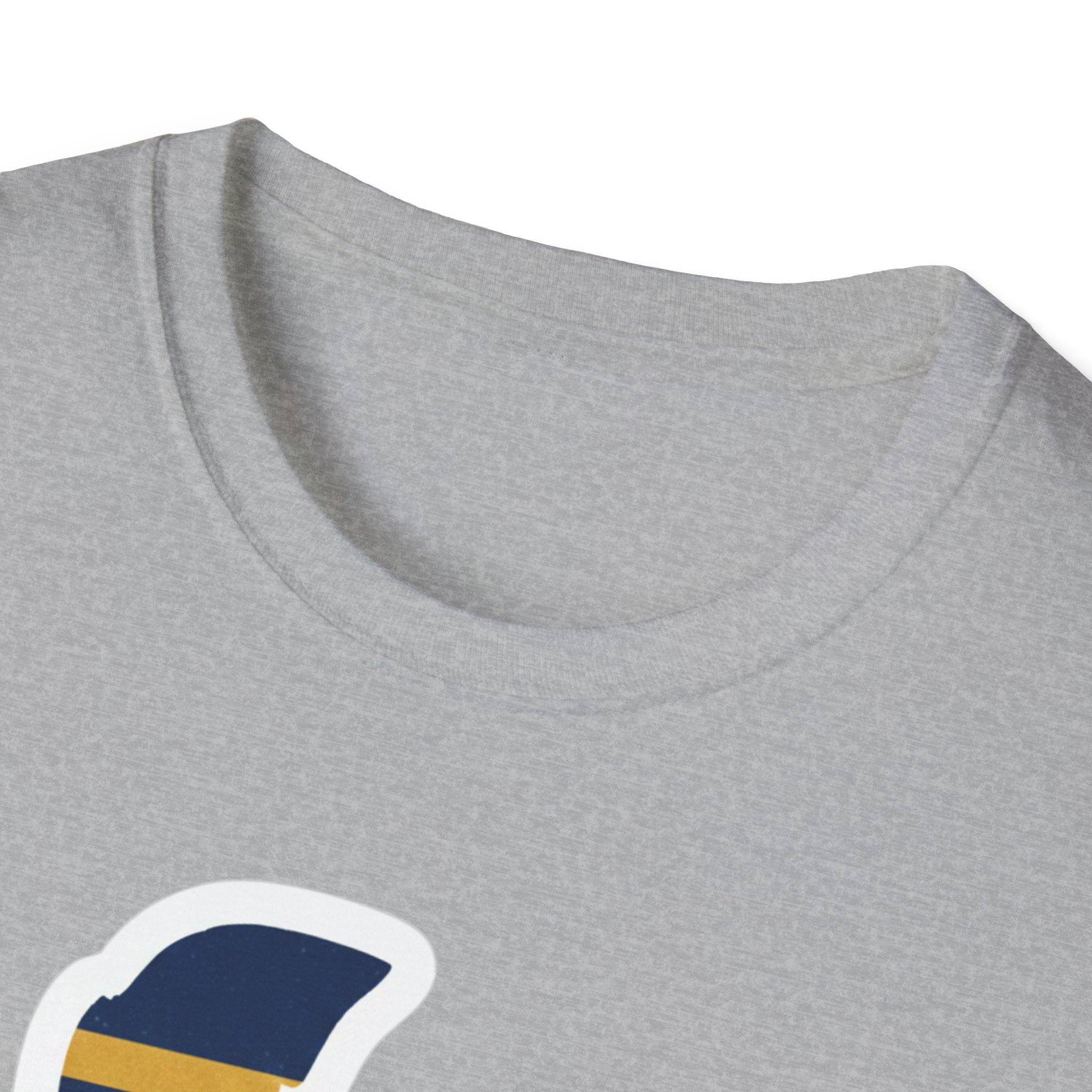 Sport Grey T-shirt close-up of crew neck and top of Delaware graphic