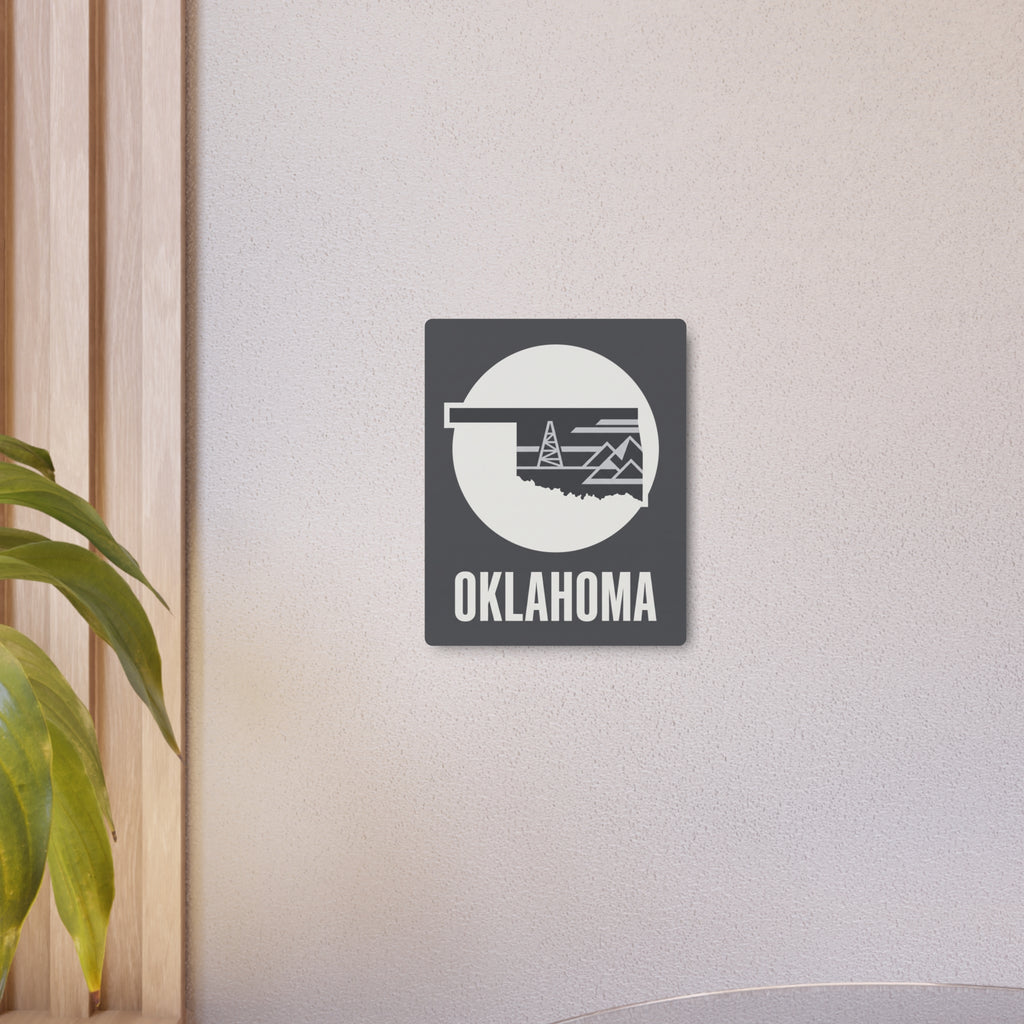 Oklahoma wall metal art sign displaying white circle oil rig graphic and OKLAHOMA