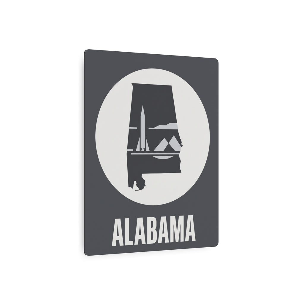 Alabama rocket skyline metal wall art, front view with circular emblem and ALABAMA text