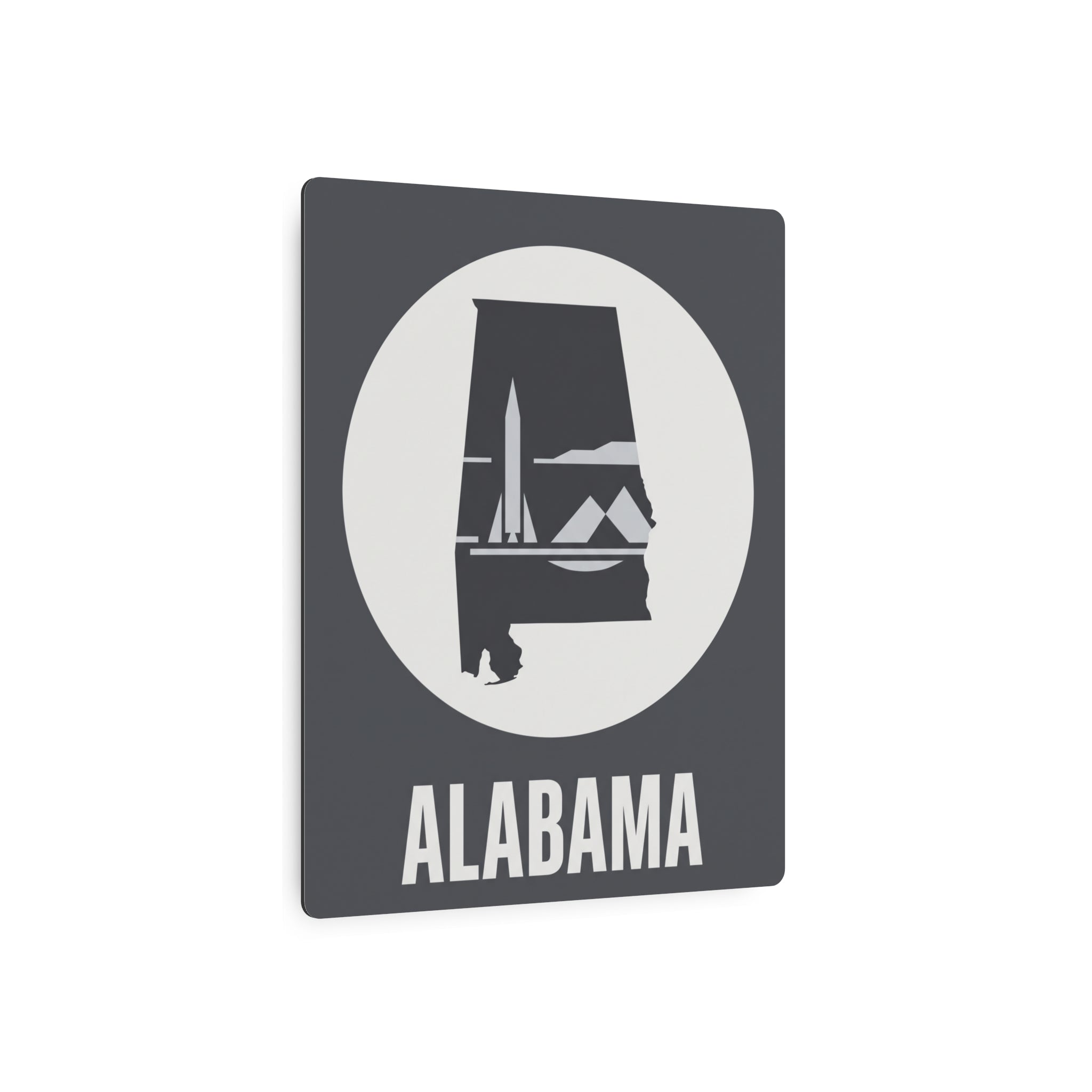 Alabama rocket skyline metal wall art, front view with circular emblem and ALABAMA text