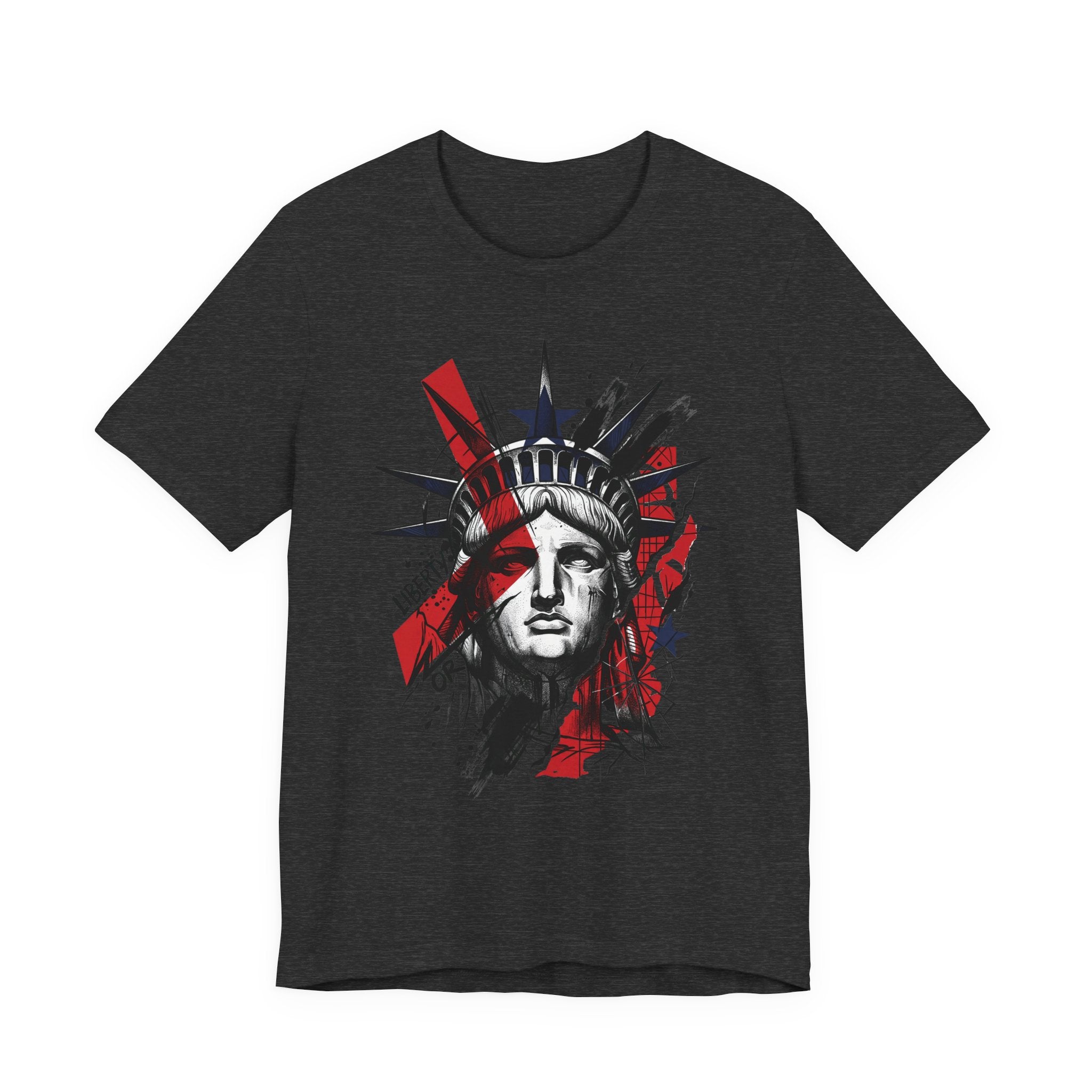 Black graphic T-shirt with Statue of Liberty head illustration in red and black