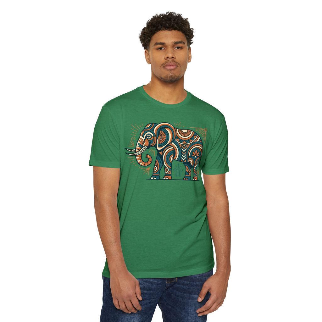Men's graphic T-shirt in green with multicolor elephant paisley panel on front