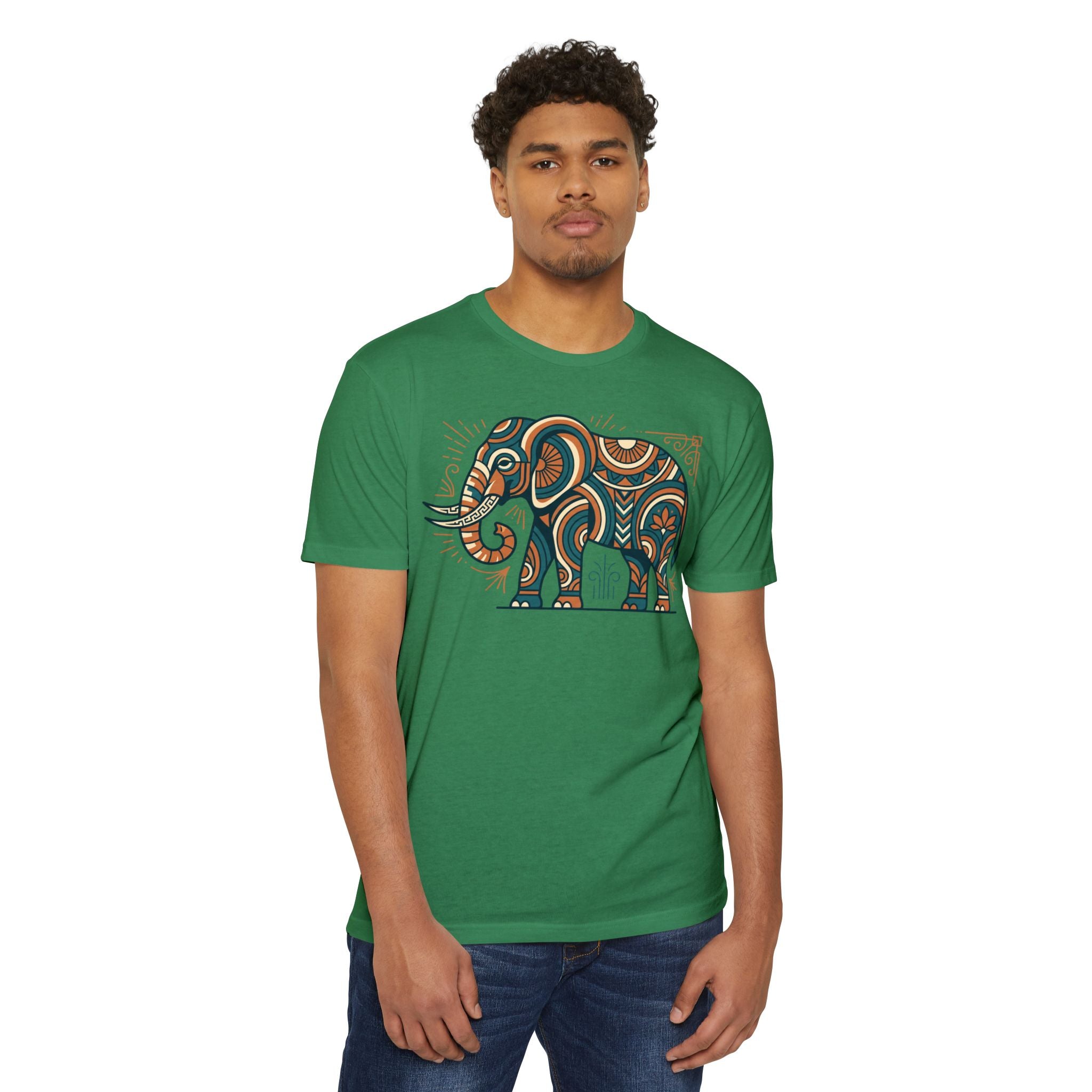 Men's graphic T-shirt in green with multicolor elephant paisley panel on front