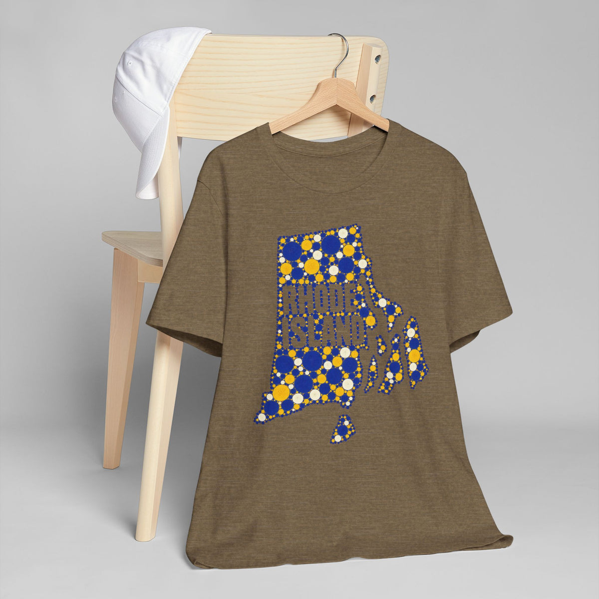 Dark heather olive T-shirt with blue and yellow Rhode Island graphic on chest