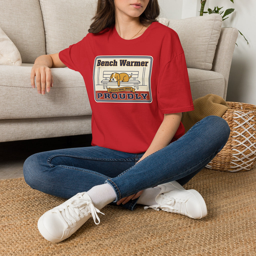Red crewneck T-shirt with Bench Warmer Proudly dog-on-bench graphic