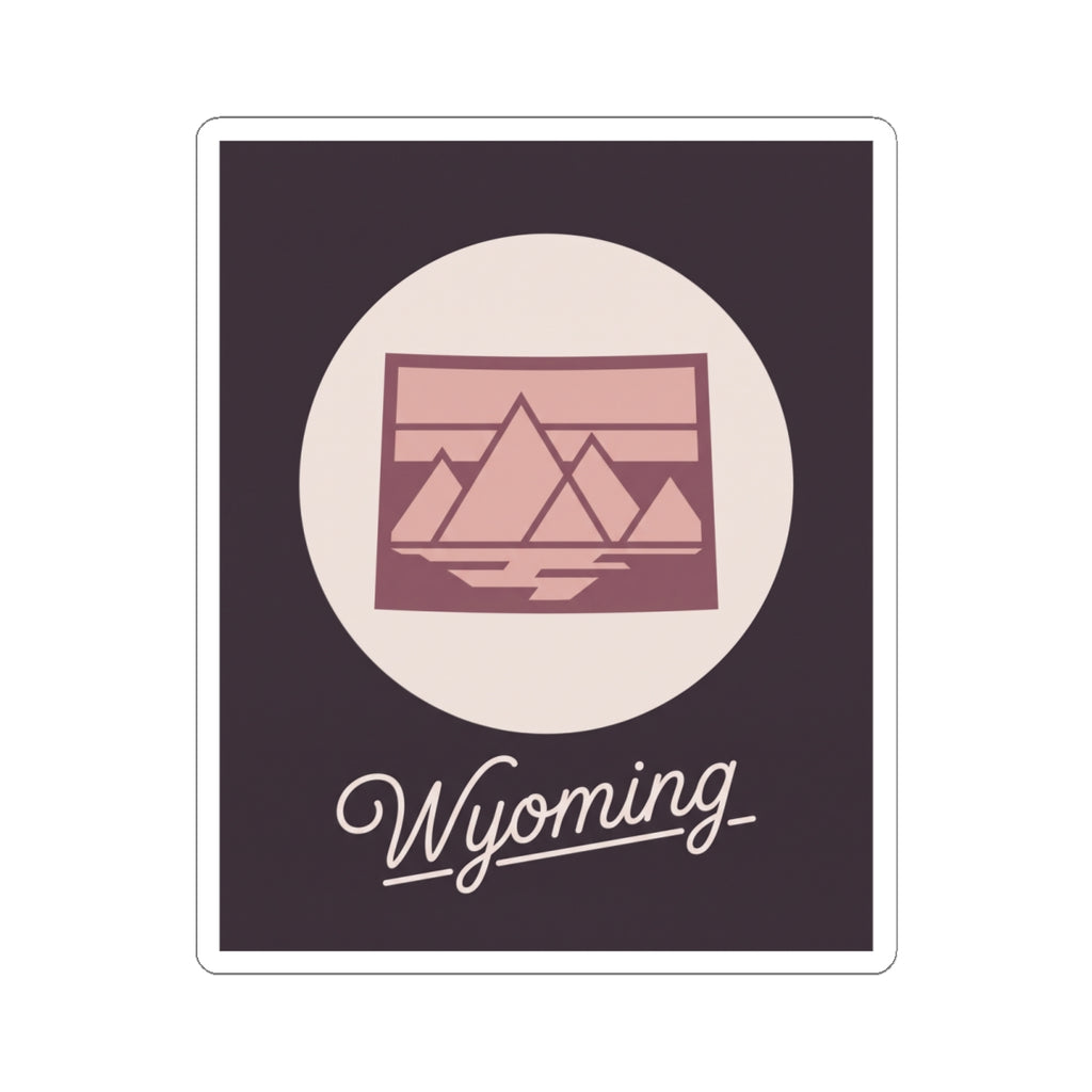 Wyoming sticker decal with pink landscape graphic inside a light circle and “Wyoming”