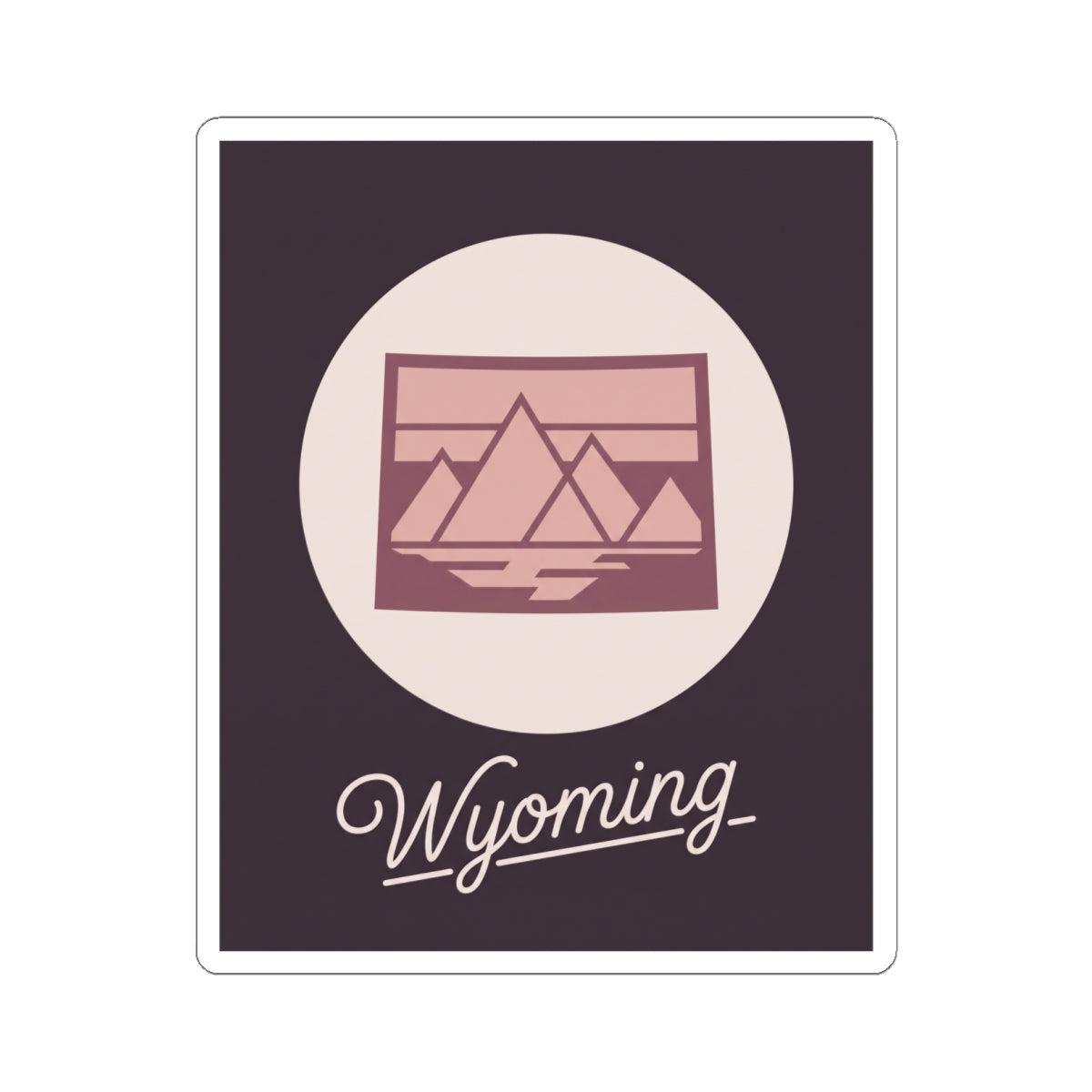 Wyoming sticker decal with pink landscape graphic inside a light circle and “Wyoming”