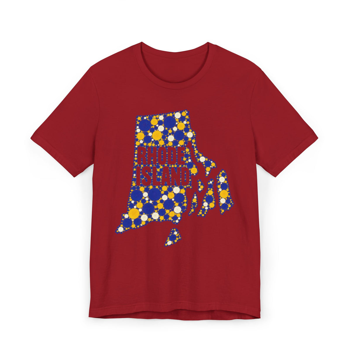 Burgundy red t-shirt with multicolor polka dot Rhode Island outline graphic on front