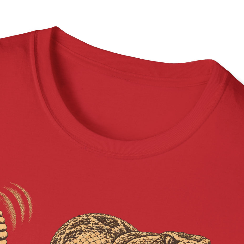 Red crewneck T-shirt with close-up coiled rattlesnake graphic