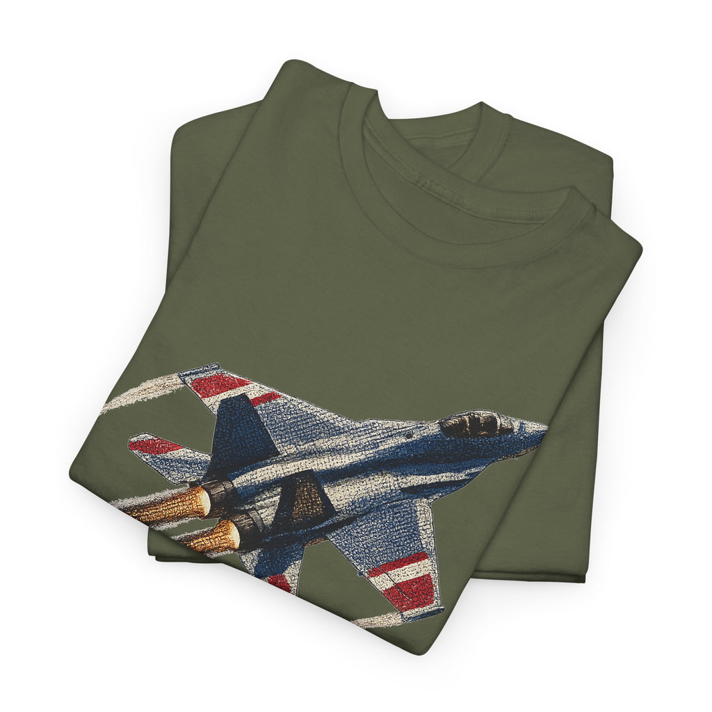 Military green T-shirt with folded fighter jet graphic across chest, crewneck