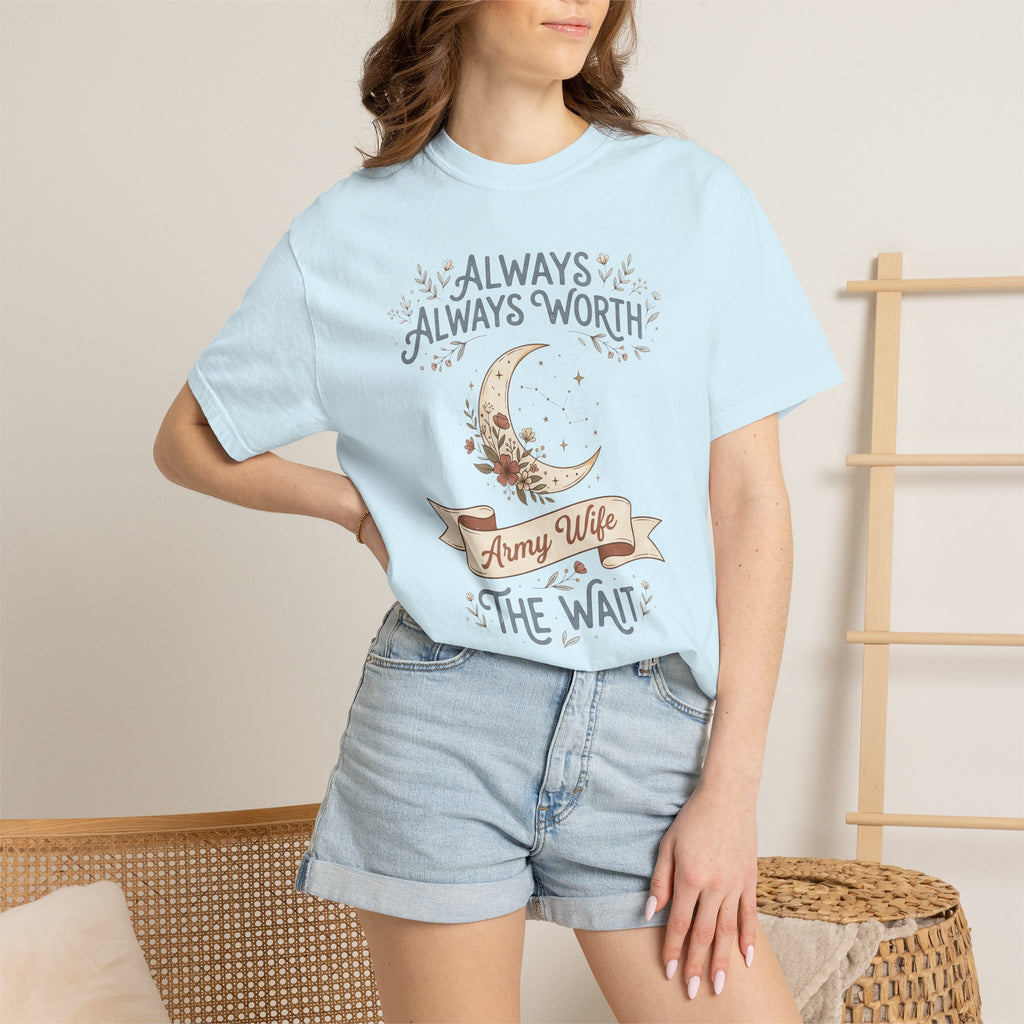 Light blue T-shirt on model with crescent moon and “ALWAYS WORTH” design