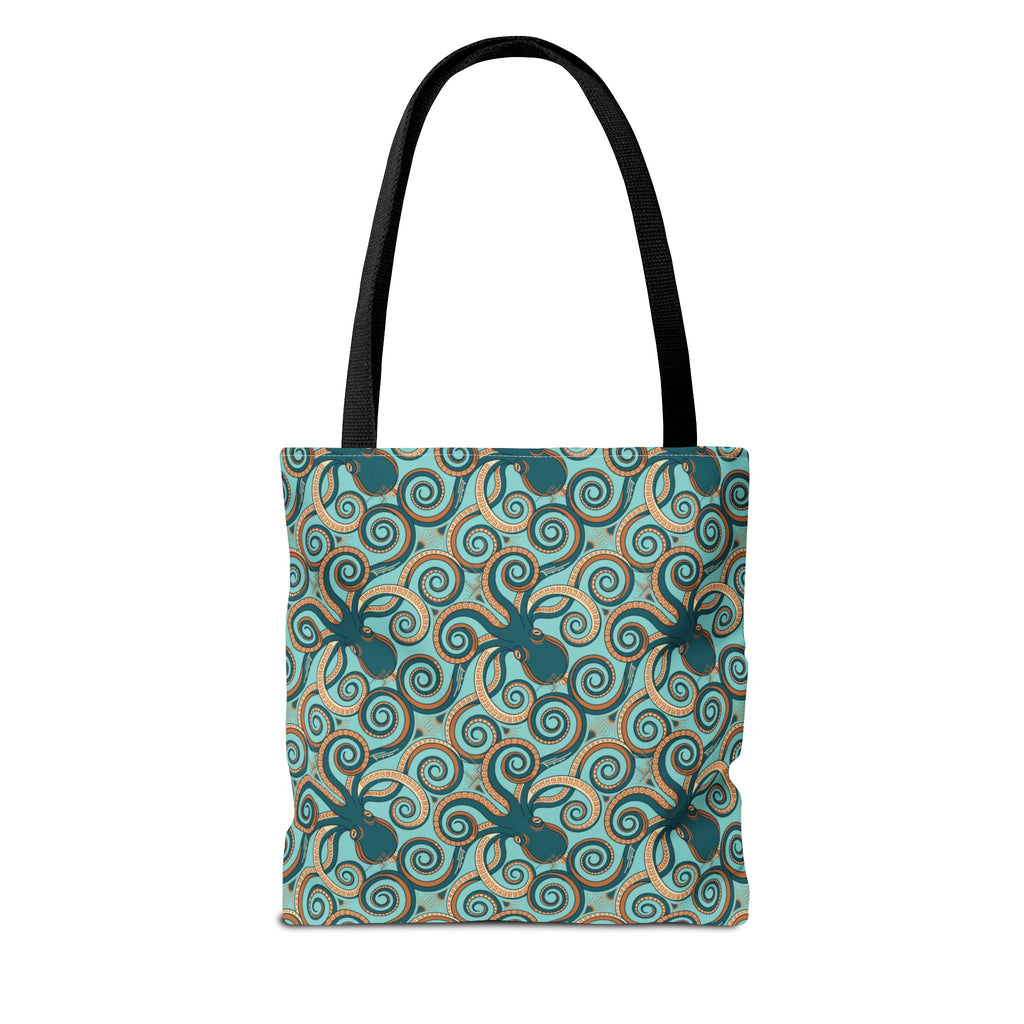 Octopus swirl tote bag with teal all-over print, black handles