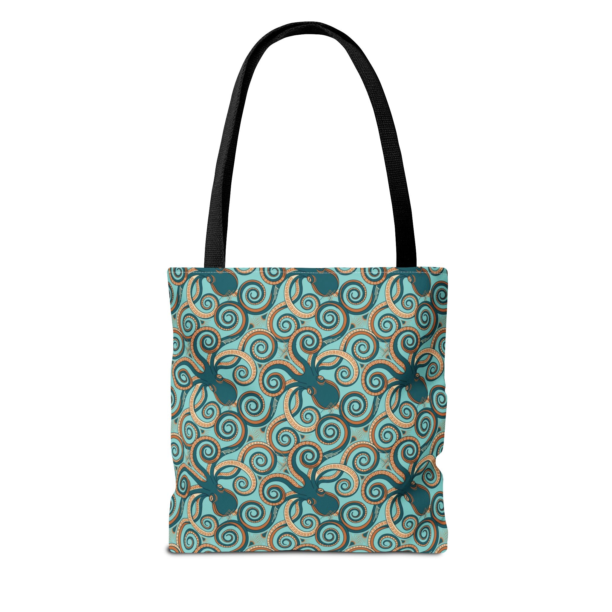 Octopus swirl tote bag with teal all-over print, black handles