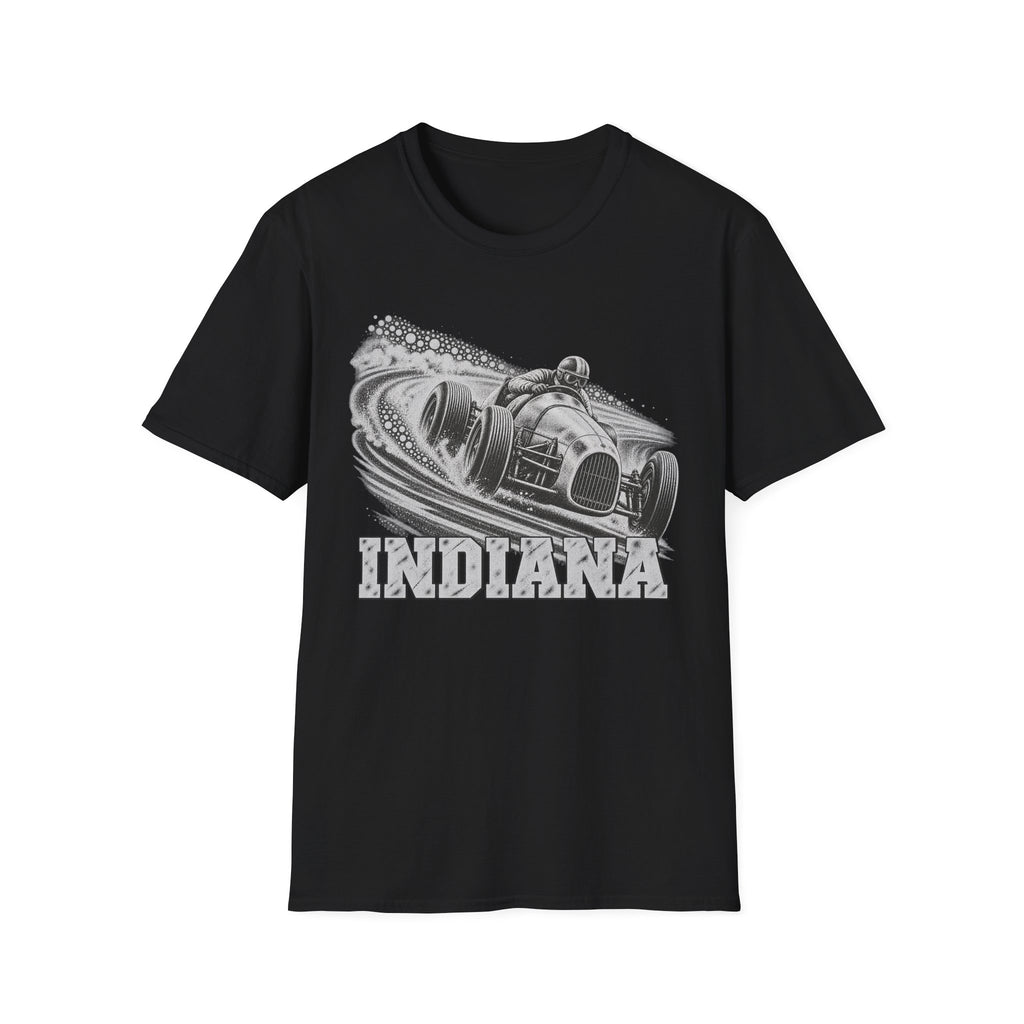 Black T-shirt with vintage open-wheel race car and Indiana graphic on chest