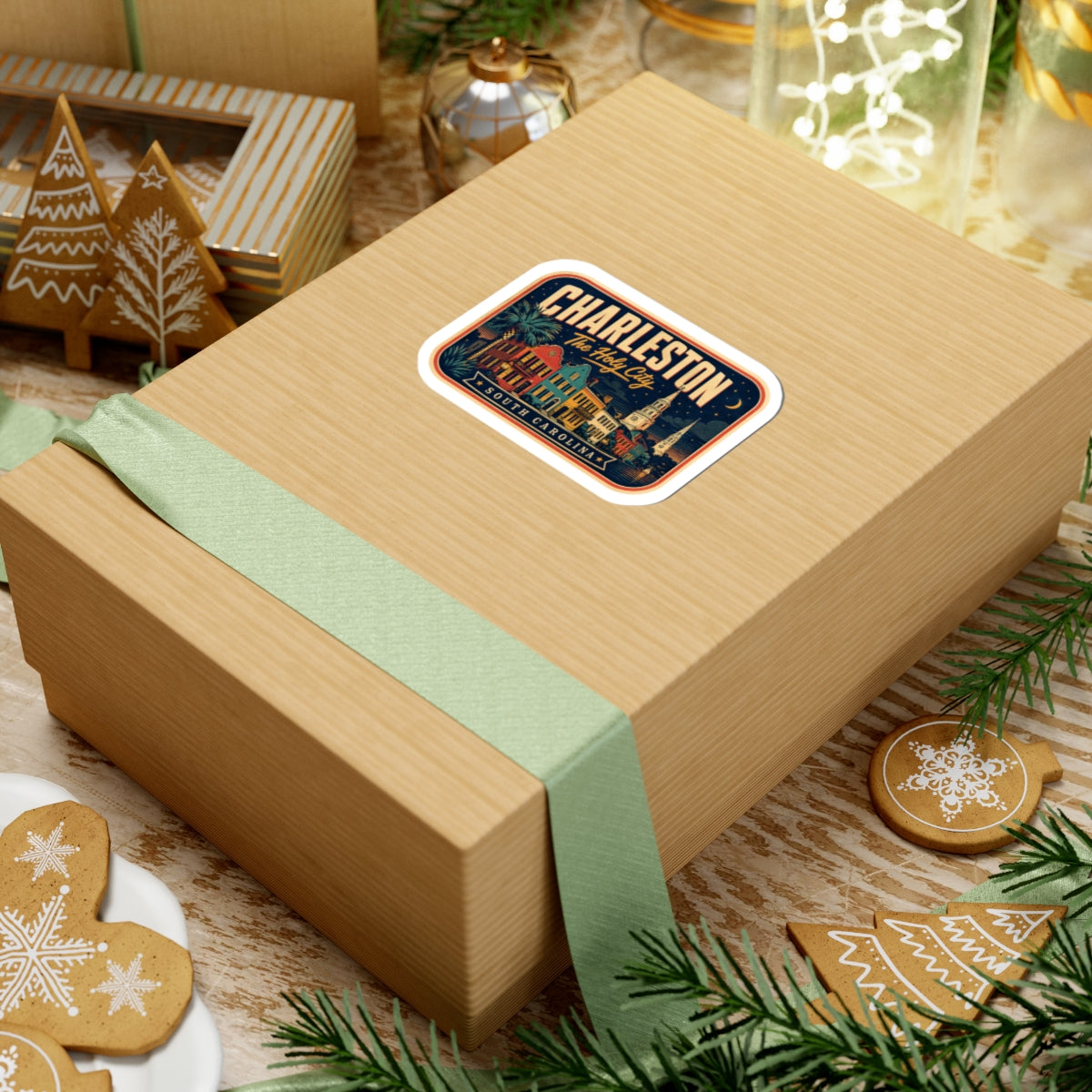 Luggage tag sticker on gift box, rounded rectangle Charleston design with night sky and church spires