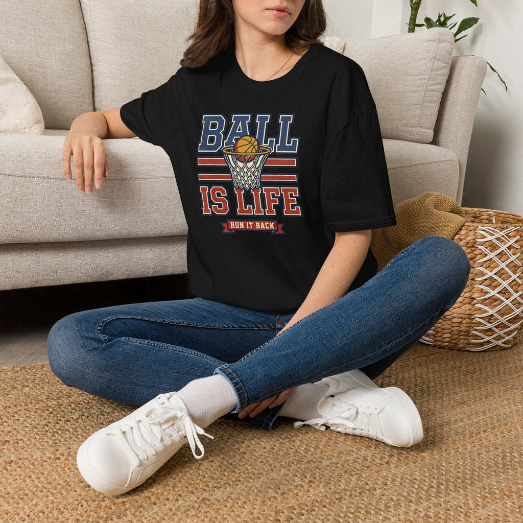 Black basketball T-shirt with hoop graphic and text "BALL IS LIFE"