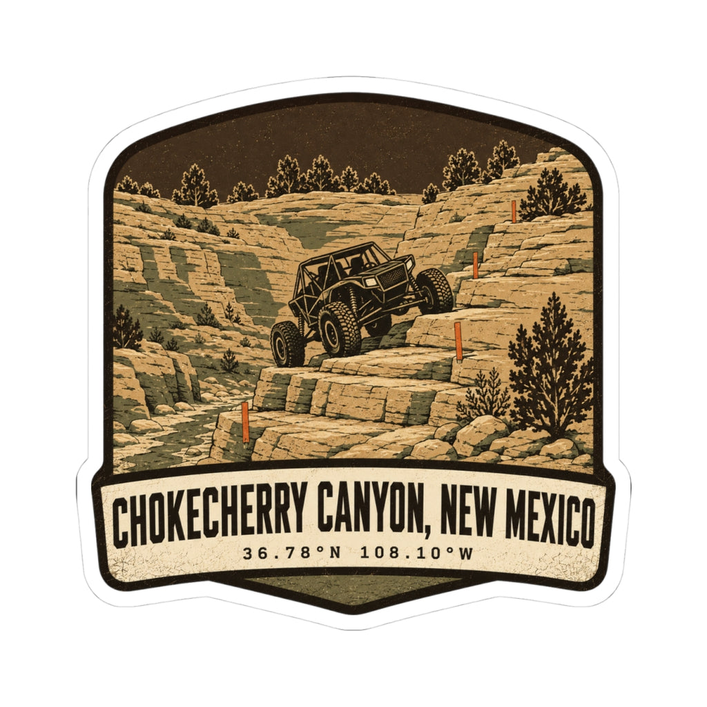 Die-cut off-road vehicle sticker featuring rocky desert canyon and 'Chokecherry Canyon, New Mexico' label