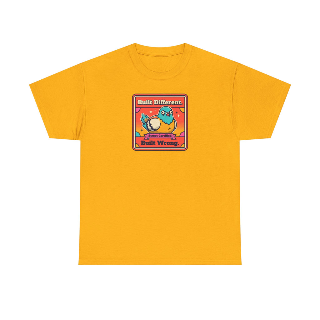 Orange t-shirt with framed bird graphic, 'Built Different' and 'Built Wrong' text.