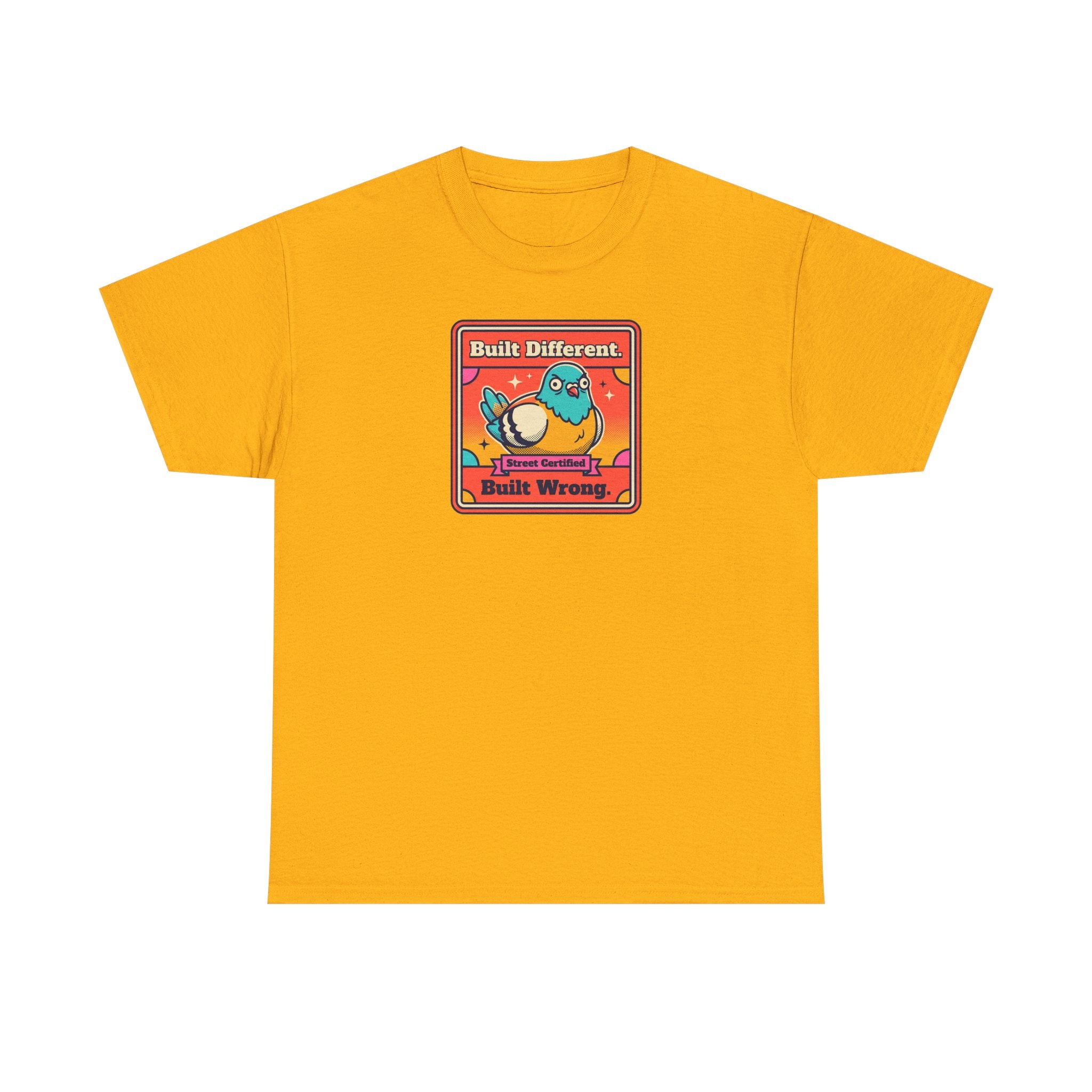Orange t-shirt with framed bird graphic, 'Built Different' and 'Built Wrong' text.