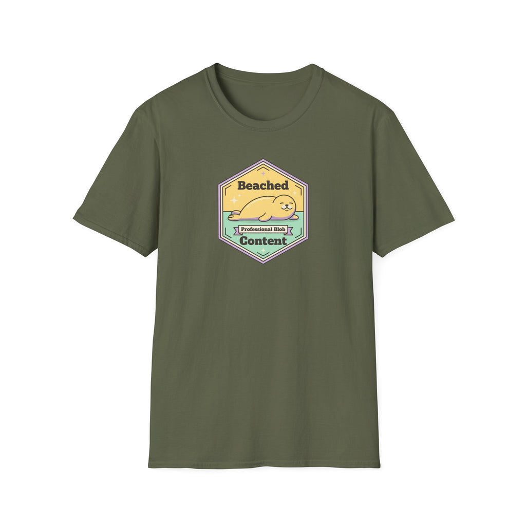 Olive green T-shirt with Beached Content seal badge graphic on the front