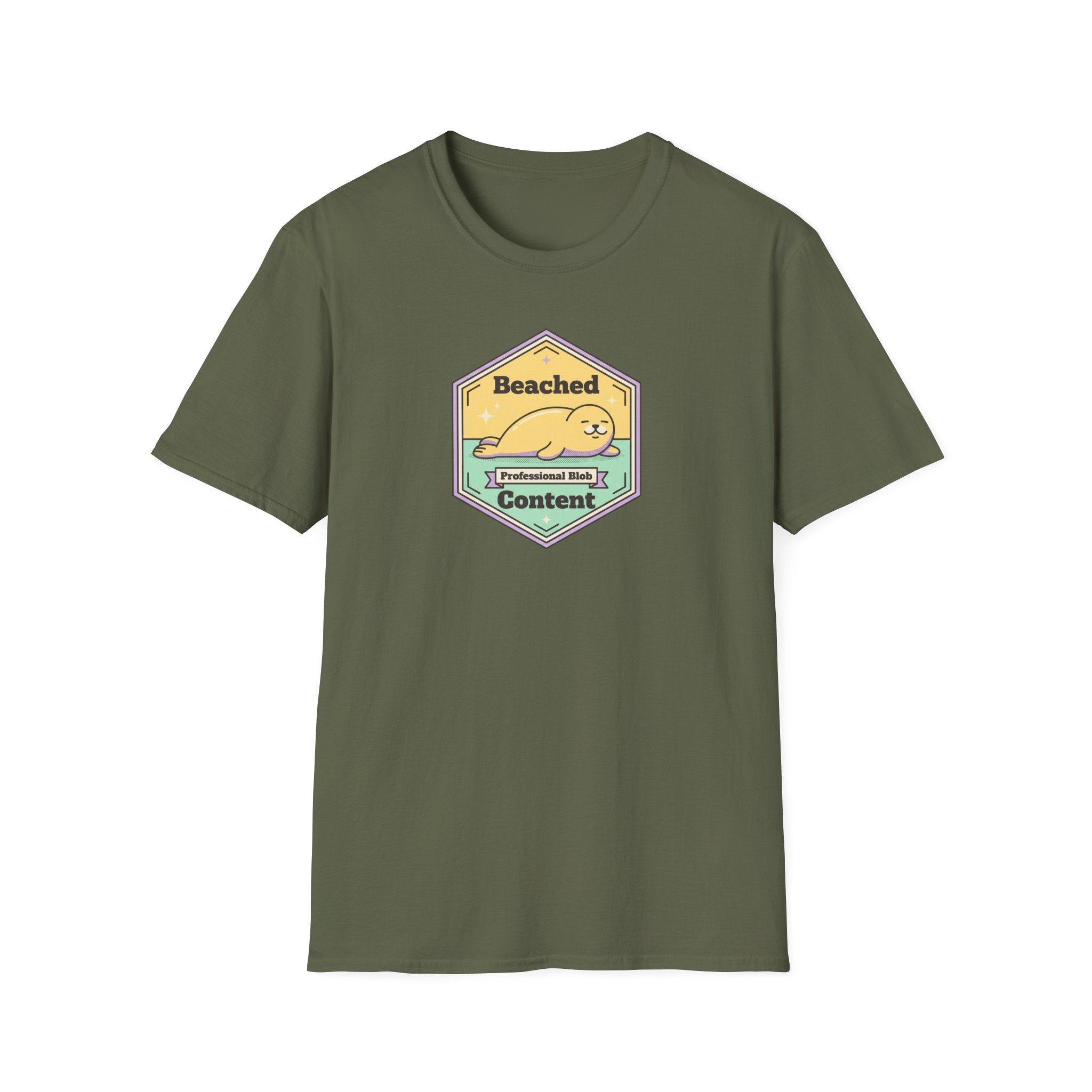 Olive green T-shirt with Beached Content seal badge graphic on the front
