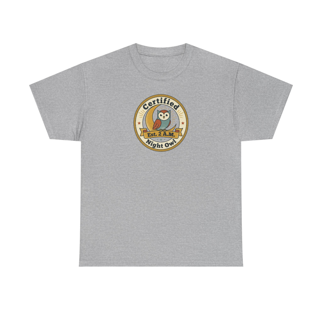 Light gray crewneck T-shirt with round owl badge print on chest