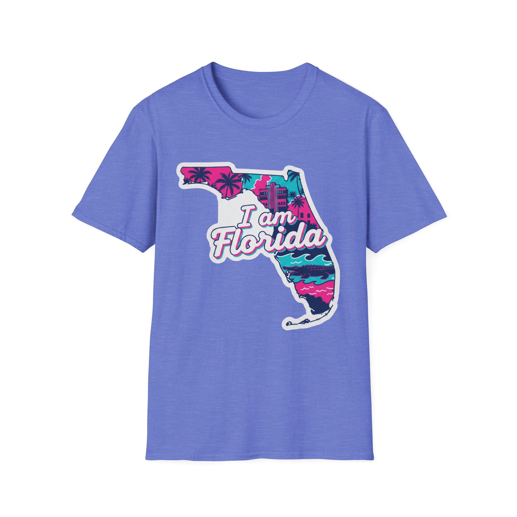 Florida T-Shirt „I am Florida“ Retro-Karte mit Palmen, Heather Royal