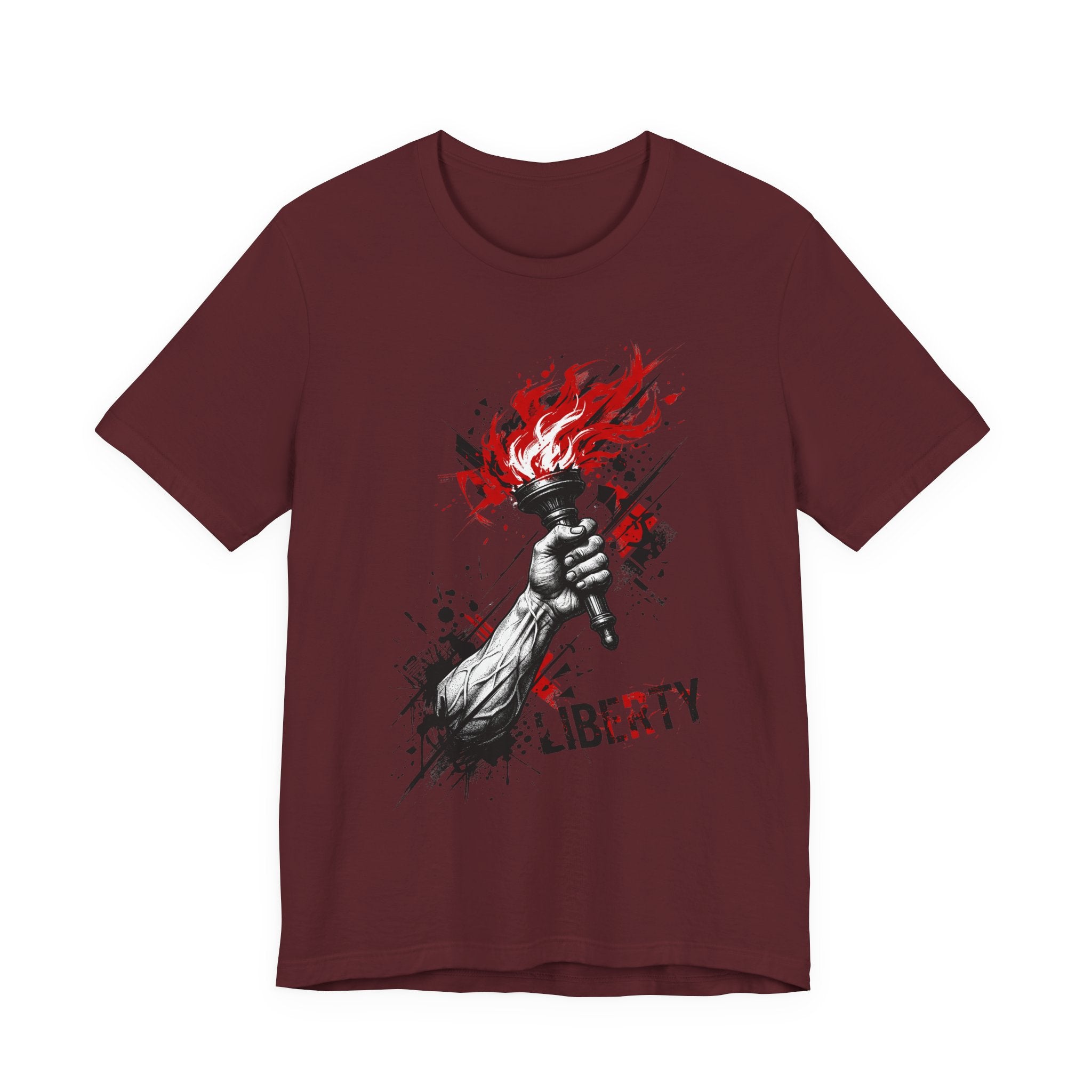 Dark maroon Liberty torch graphic t-shirt with red flames and black splatter, front print