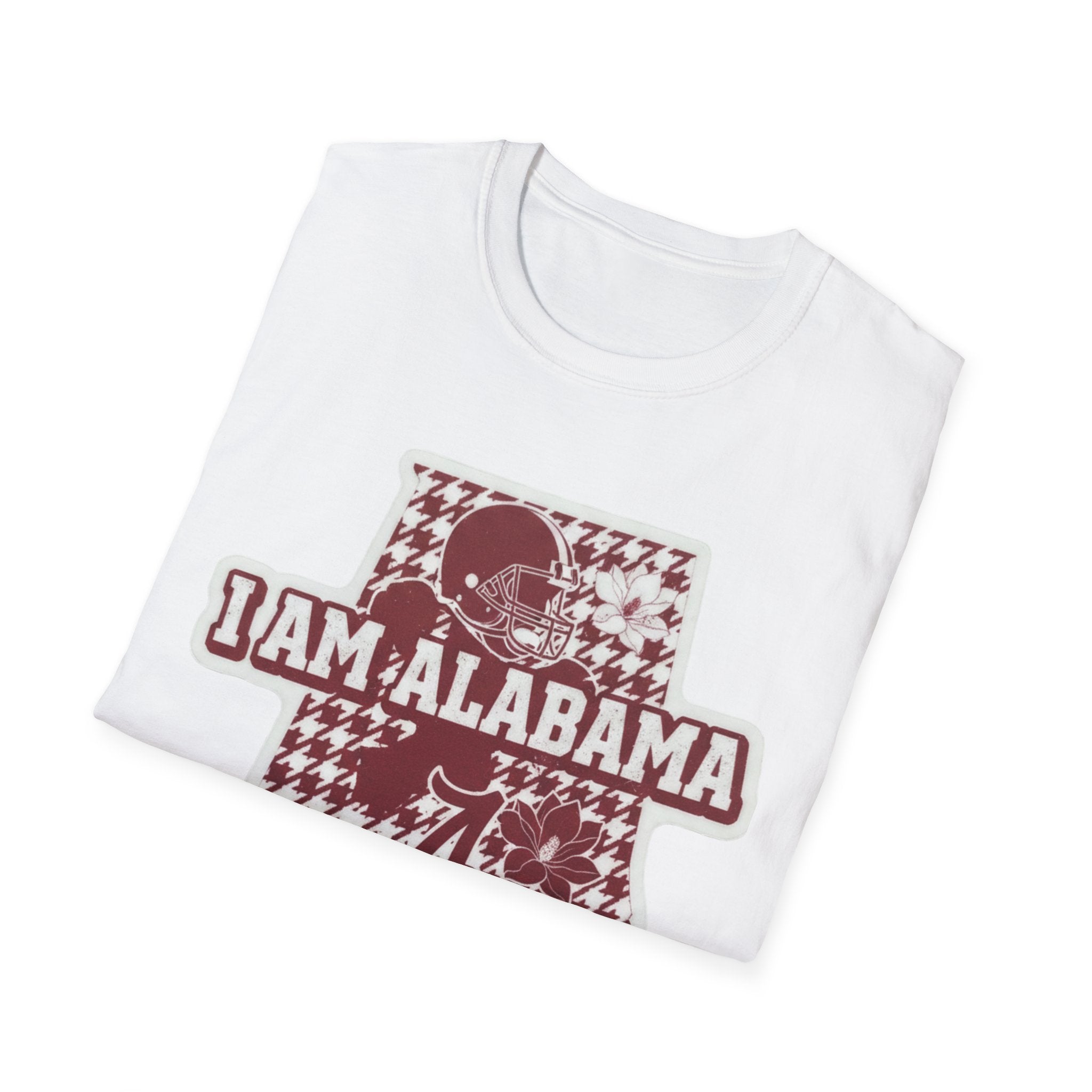 Weißes I AM ALABAMA T-Shirt mit Hahnentritt-Grafik, Helm und Blumenmotiv mittig