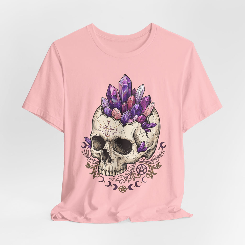 Amethyst crystal skull graphic T-shirt, pale pink