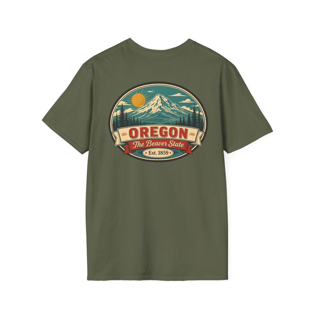 Oregon mountain graphic T-shirt, olive green crew neck with circular Beaver State logo
