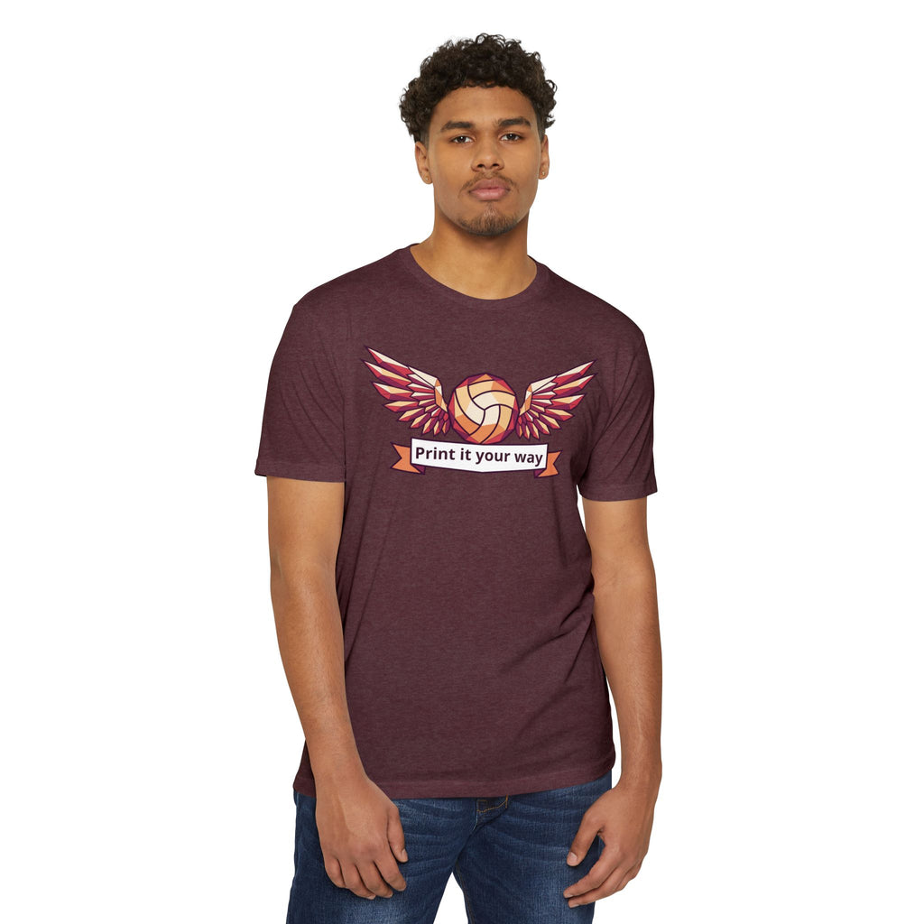 Unisex volleyball T-shirt in dark maroon with winged volleyball graphic on chest.