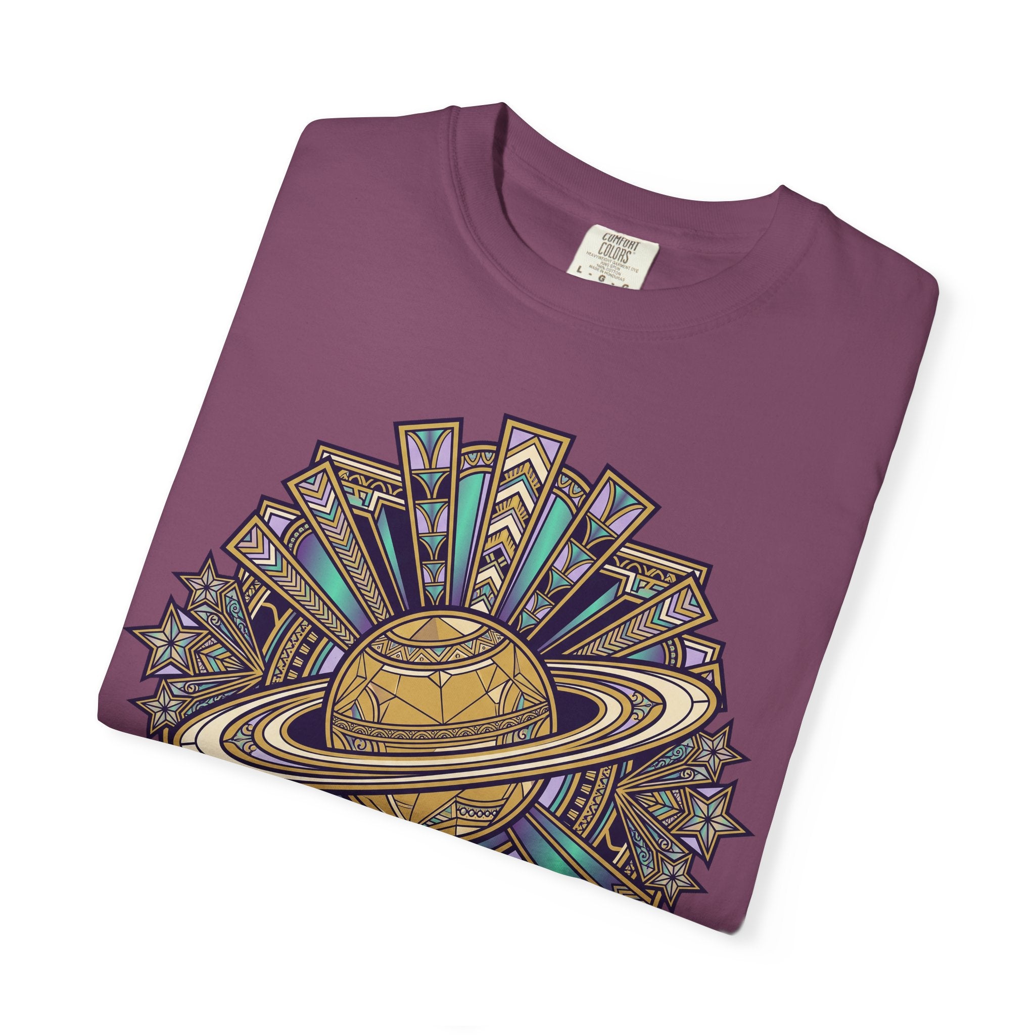 Plum T-shirt with Saturn ring celestial graphic, folded view