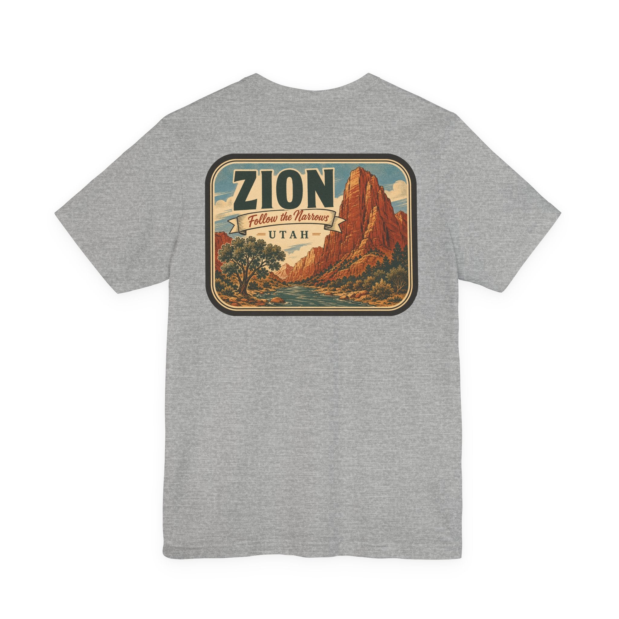 Dark grey heather T-shirt with rectangular Zion desert landscape graphic on front