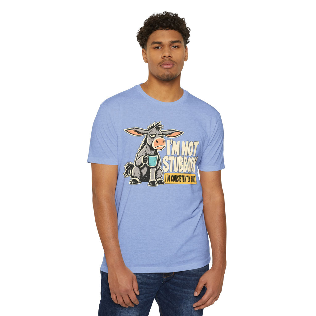 Light blue crewneck T-shirt with colorful stubborn donkey graphic on the front