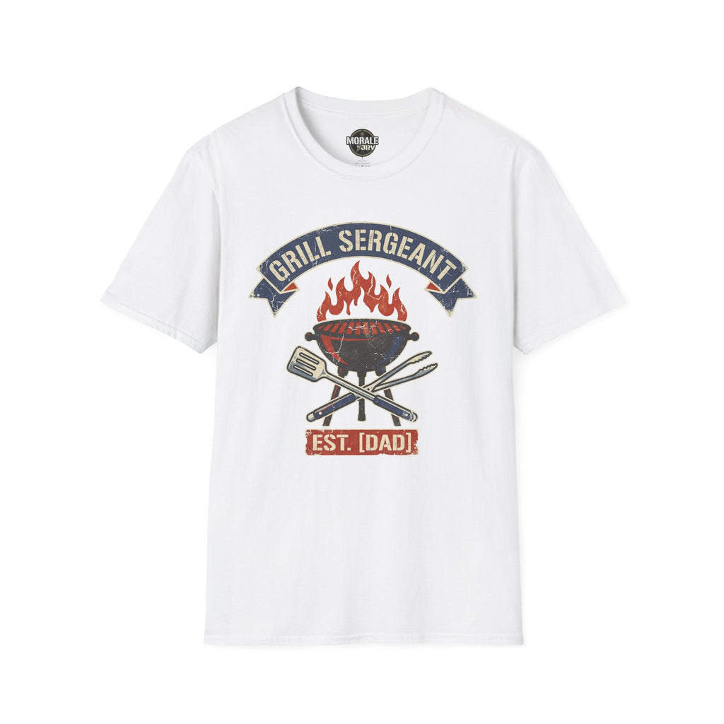 White Grill Sergeant BBQ T-shirt with flaming grill, crossed tools, and “EST. [IDADD]” graphic