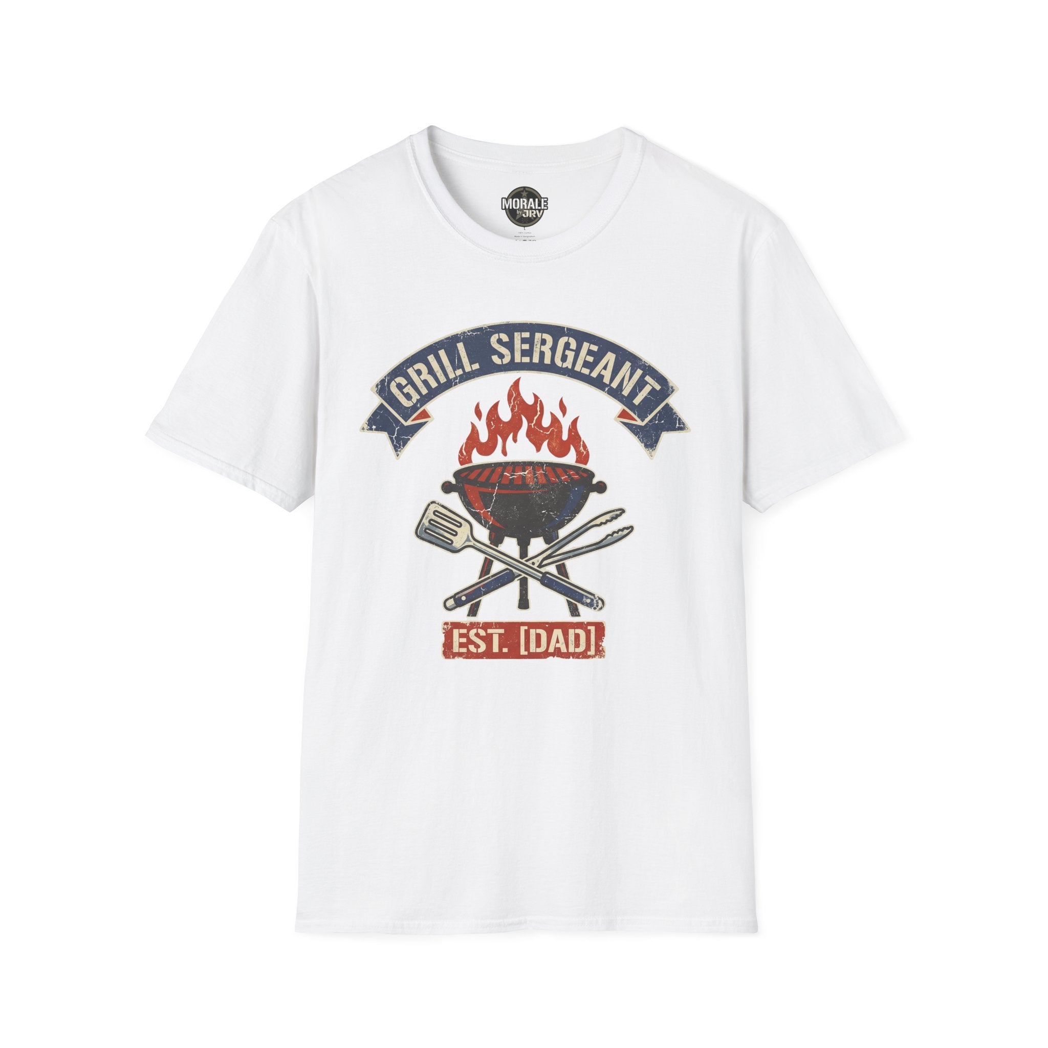 White Grill Sergeant BBQ T-shirt with flaming grill, crossed tools, and “EST. [IDADD]” graphic
