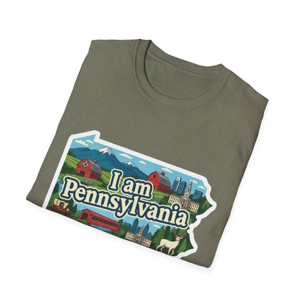 Heather Military Green T-shirt with Pennsylvania map graphic and “I am Pennsylvania” text