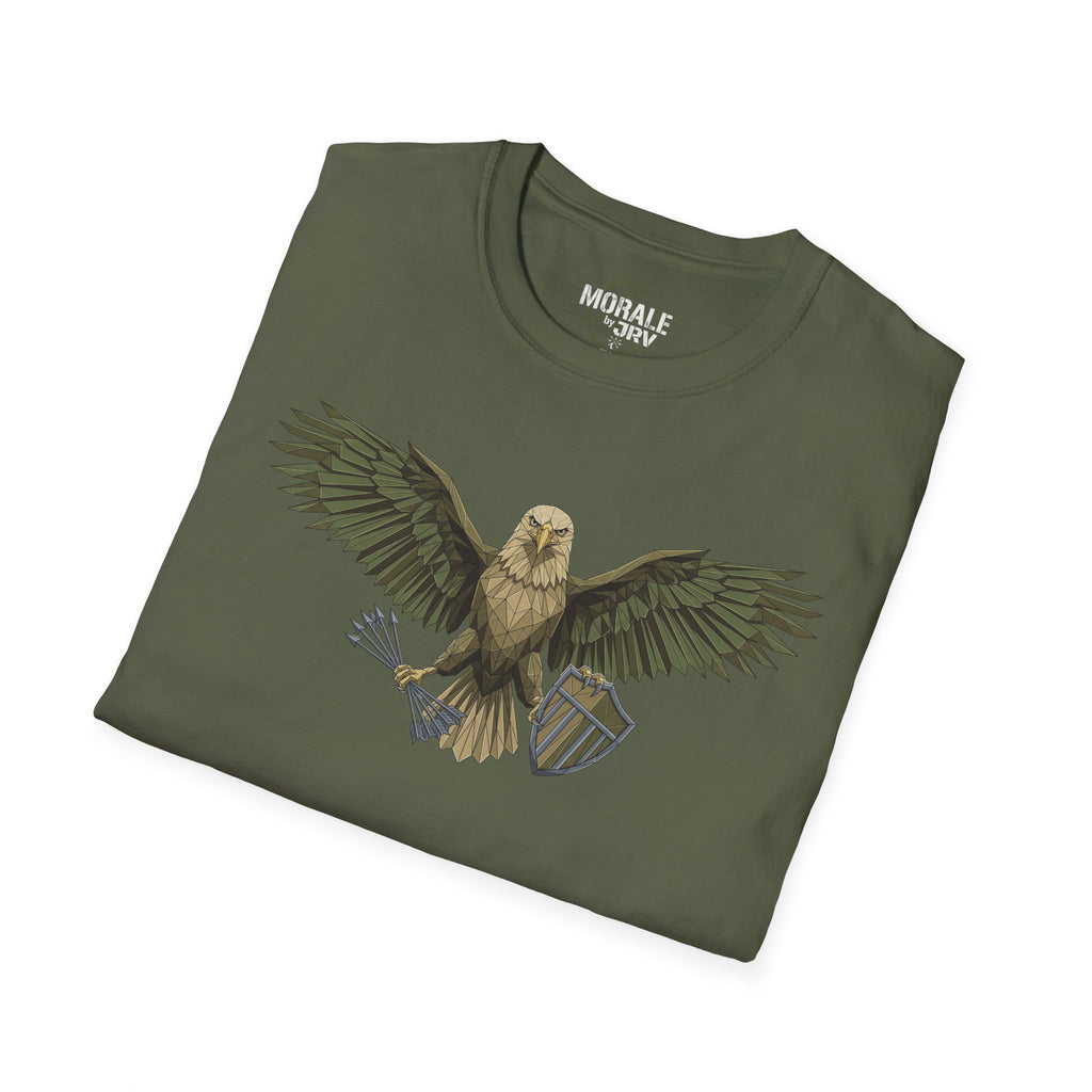 Soaring Hawk T-Shirt, military green crewneck with large vintage raptor wings illustration.