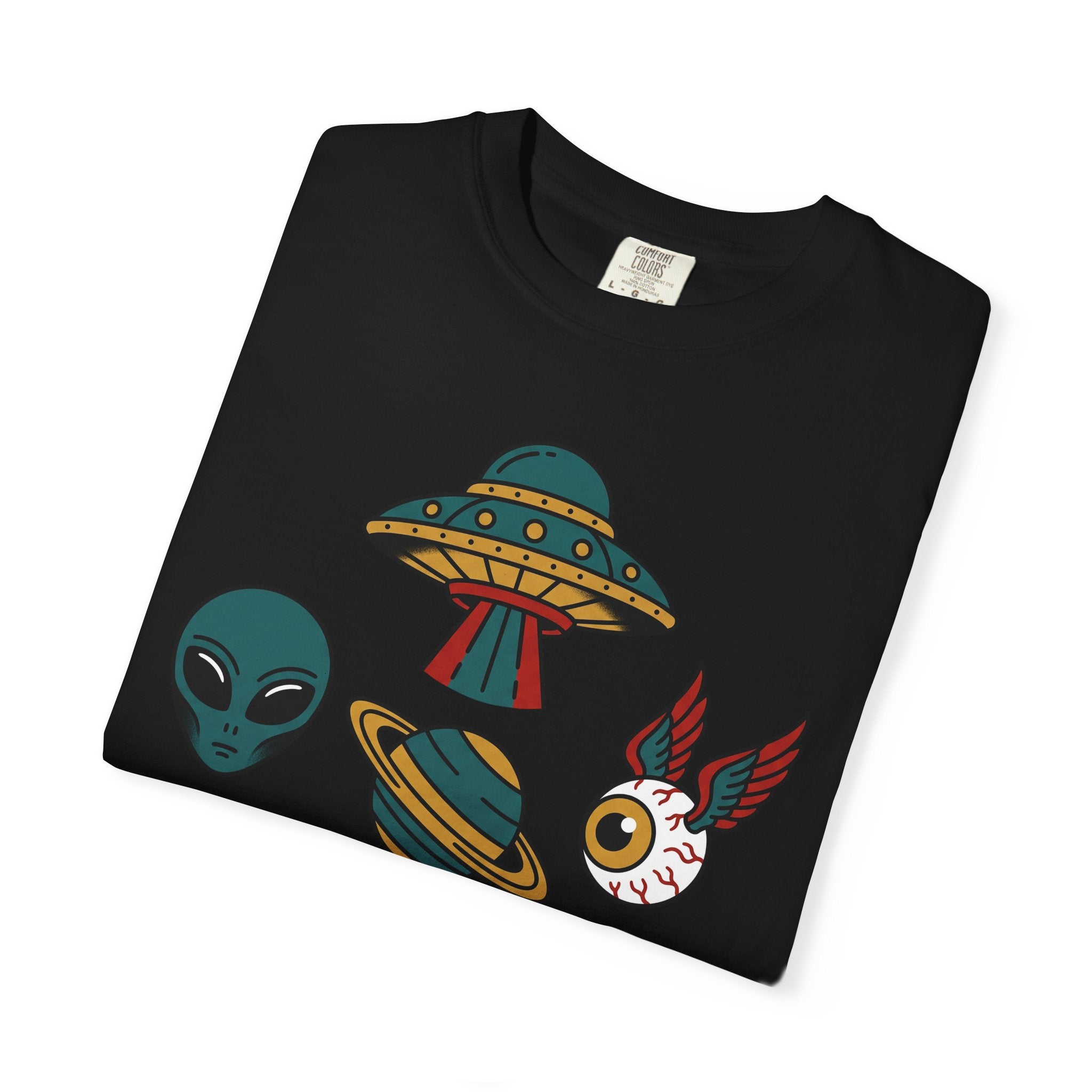 Black T-shirt with alien, UFO, and cat graphic print