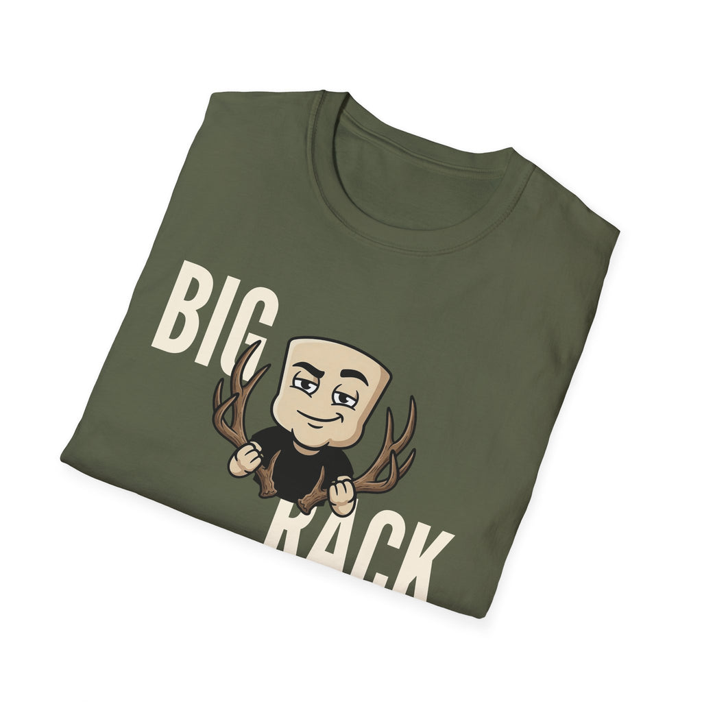 Olive green T-shirt with “BIG RACK” graphic and cartoon hunter with antlers