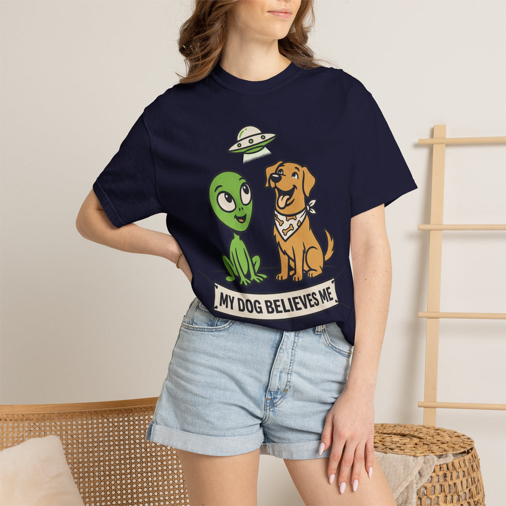 Alien and dog graphic t-shirt on model, dark navy crew neck short sleeves