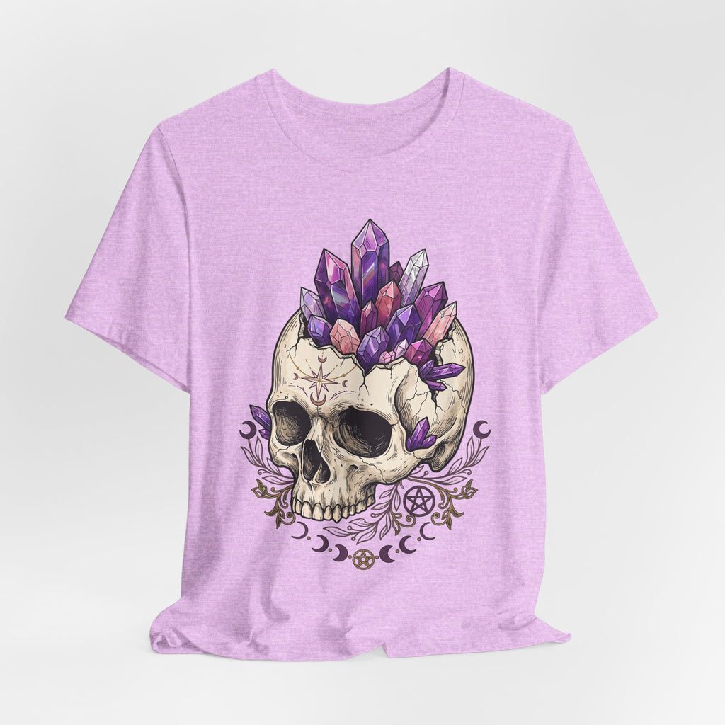 Amethyst crystal skull graphic T-shirt, heather lavender