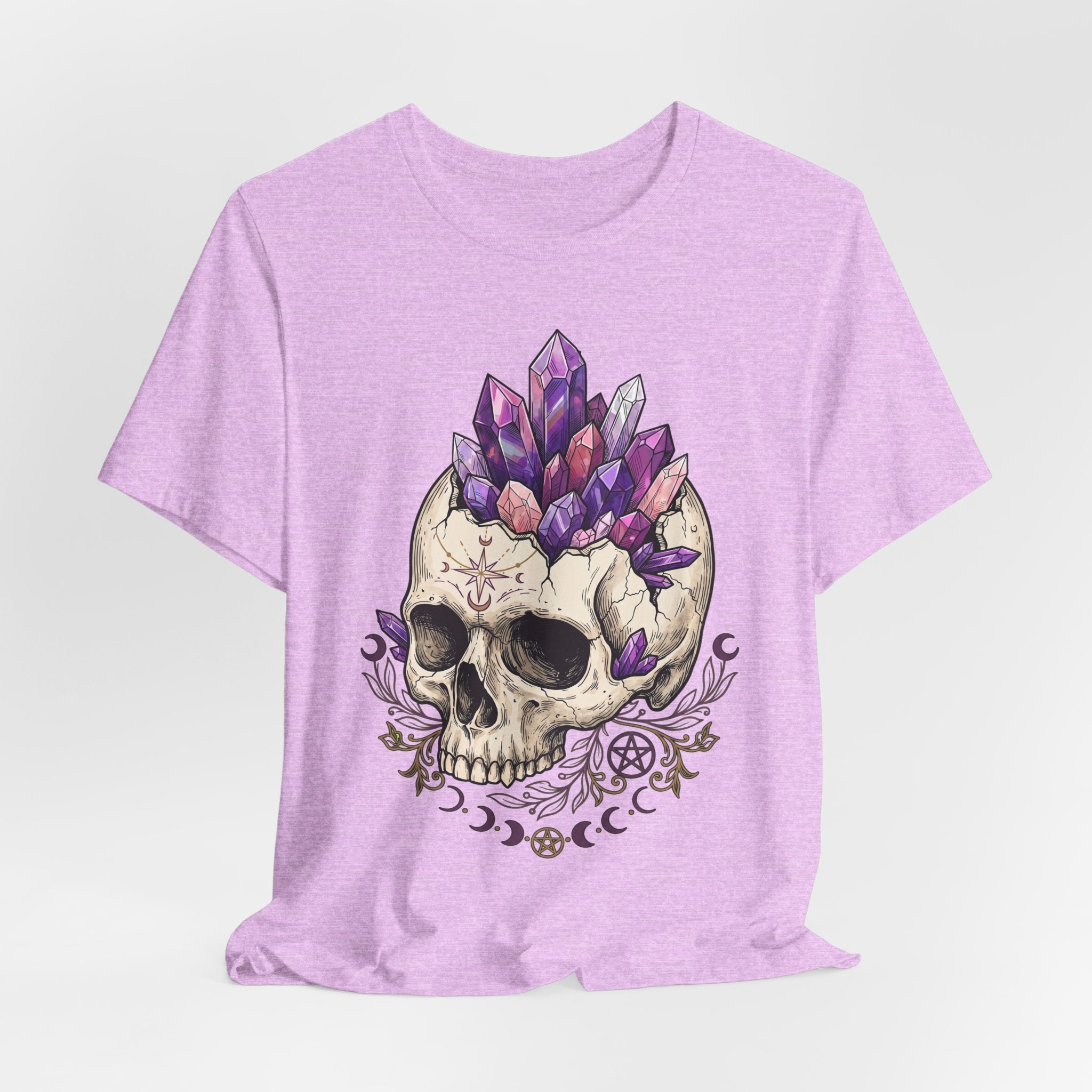 Amethyst crystal skull graphic T-shirt, heather lavender
