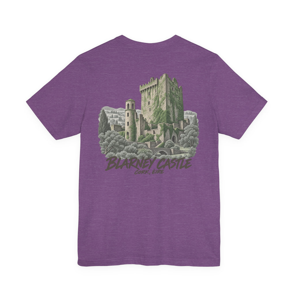 Purple short-sleeve t-shirt with vintage castle graphic on the chest