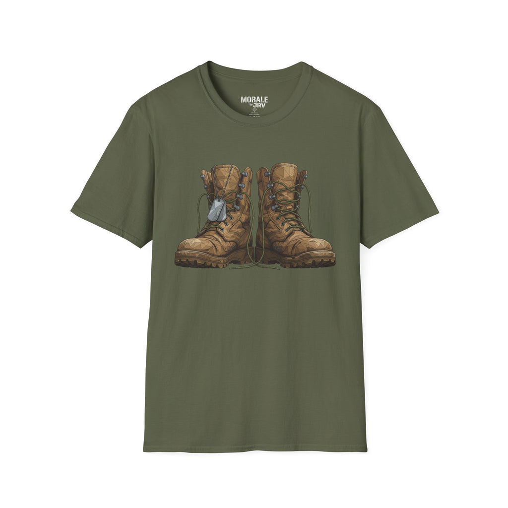 Military green T-shirt with vintage combat boots graphic in brown and tan