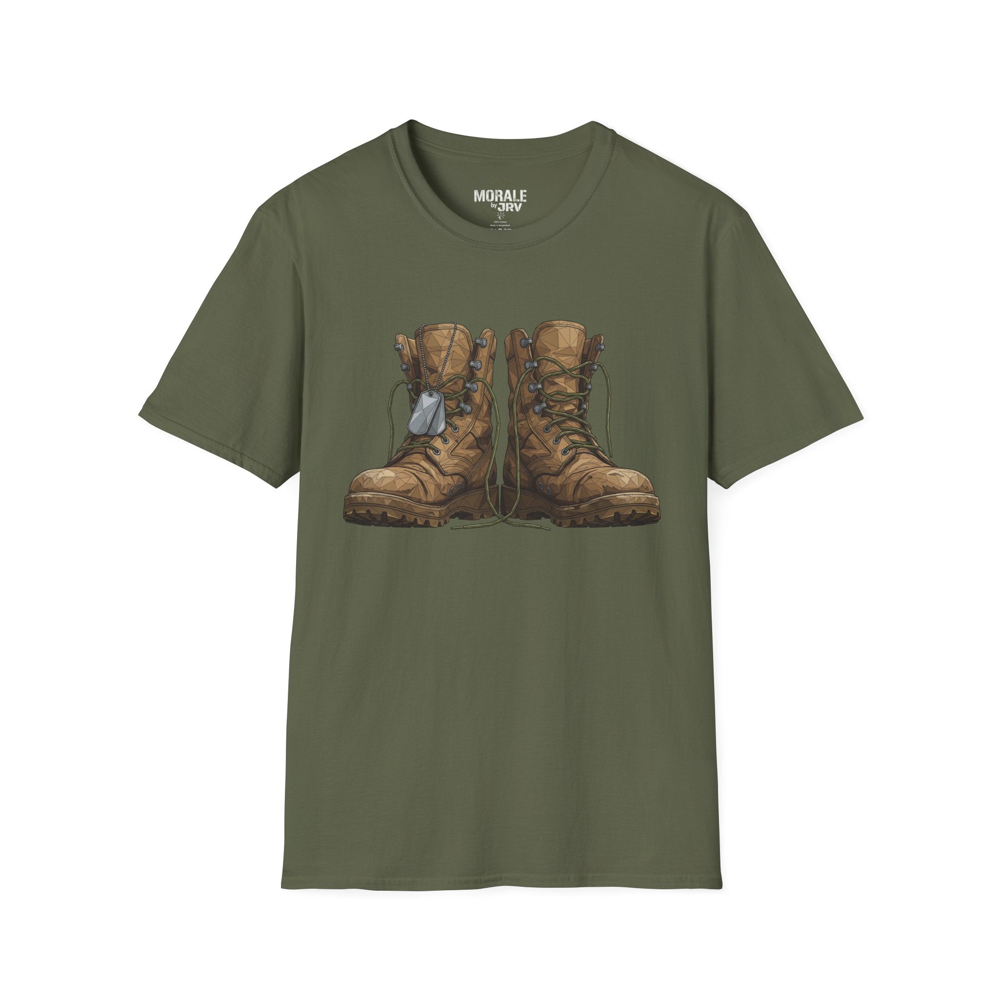 Military green T-shirt with vintage combat boots graphic in brown and tan